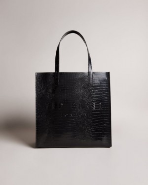 Black Ted Baker Croccon Croc Detail Large Icon Bag Icon Bags & Signature Bags | KOAJQLW-06
